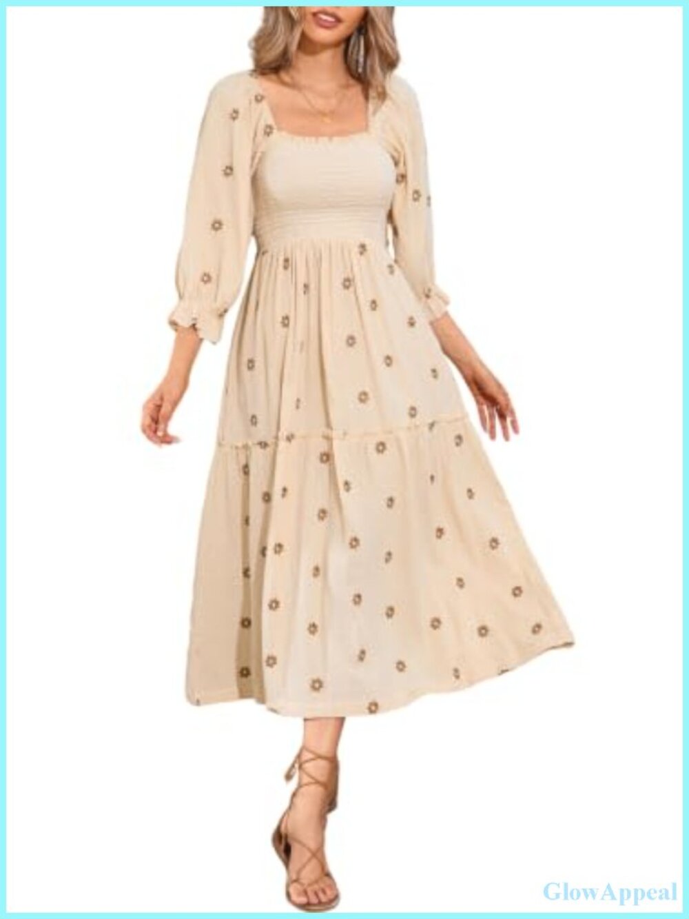 Women's Floral Cotton Embroidered Boho Midi Dress with Pockets